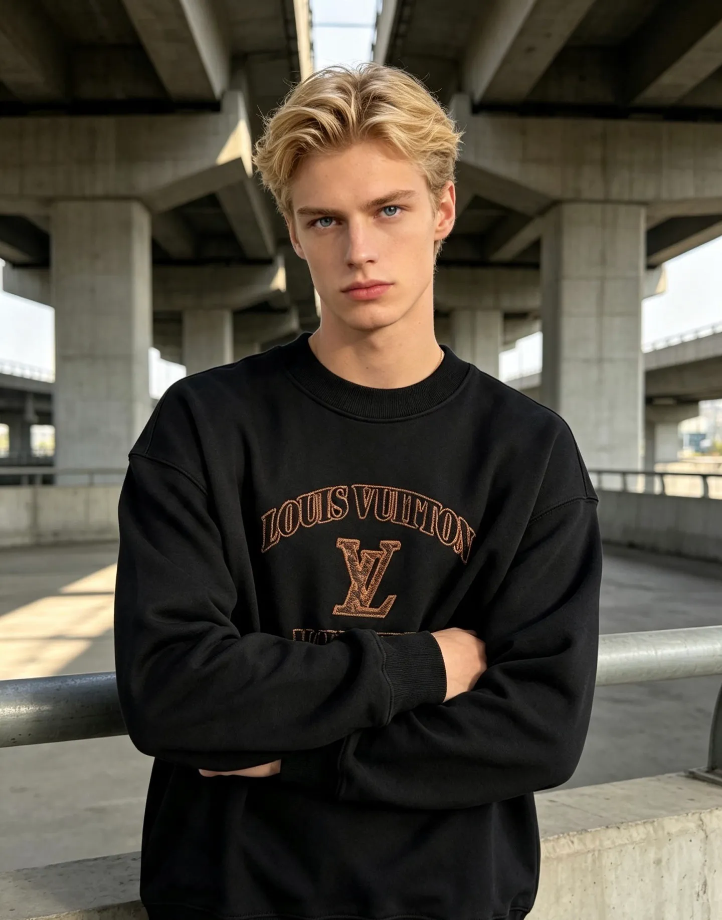 Louis Vuitton/Louis Vuitton leather label letter embroidered crew neck sweatshirt